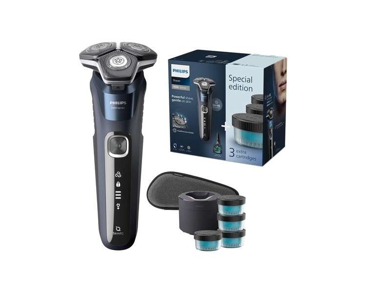 Philips Shaver Series 5000 Wet & Dry Mens Electric Shaver with SkinIQ Technology Pop-up Trimmer Travel Case and 4 x Quick Clean Cartridges with 1 x Quick Clean Pod Midnight Blue