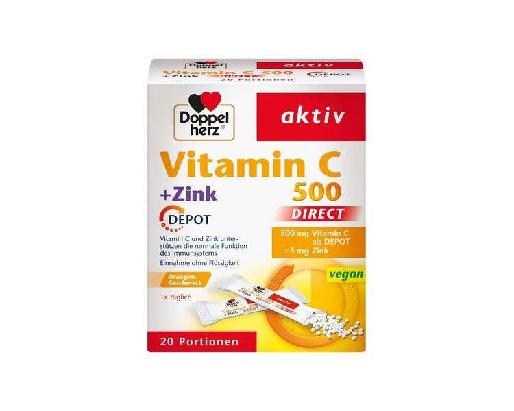 Doppelherz Vitamin C 500 DIRECT with Depot Effect - Supports Normal Immune System Function - Vegan - 20 Servings Micro-Pellets with Orange Flavor
