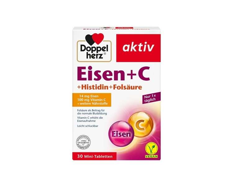 Doppelherz Iron + C + Histidine + Folic Acid - Folic Acid for Normal Blood Formation - Vitamin C Increases Iron Absorption 30 Easy-to-Swallow Mini Tablets