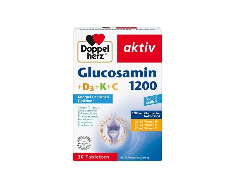 Doppelherz Glucosamine 1200 + D3 + K+ C with Vitamin C for Normal Collagen Formation and Cartilage Function 30 Tablets