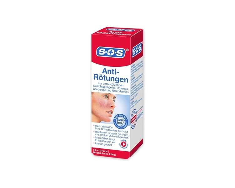 SOS Anti Redness Cream Face Care for Rosacea, Couperose & Neurodermatitis with MicroSilver 50ml