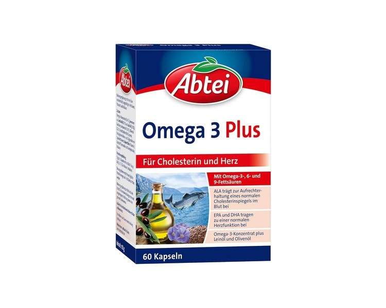 Abtei Omega 3 Plus Dietary Supplement Rich in Omega-3 Fatty Acids for Cholesterol and Heart Function with Vitamin E and Folic Acid
