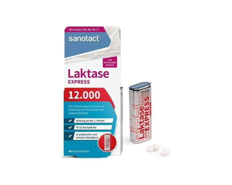 Sanotact Lactase 12,000 EXPRESS 40 Lactose Tablets with Immediate Effect Extra High Dose for Lactose Intolerance and Milk Intolerance