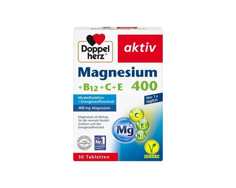 Doppelherz Magnesium 400 B12 C E Muscle and Nervous System Support 30 Vegan Tablets