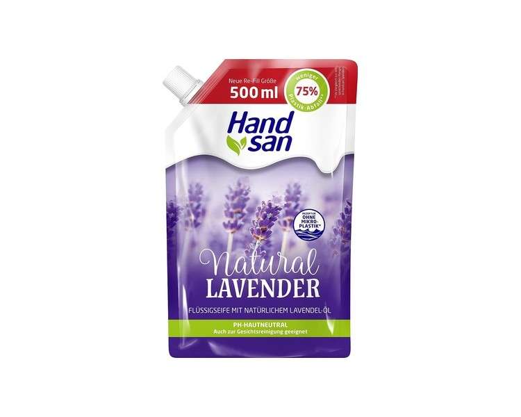 Hand San Liquid Soap Natural Lavender Refill Bag 500ml with Natural Lavender Oil - pH Balanced