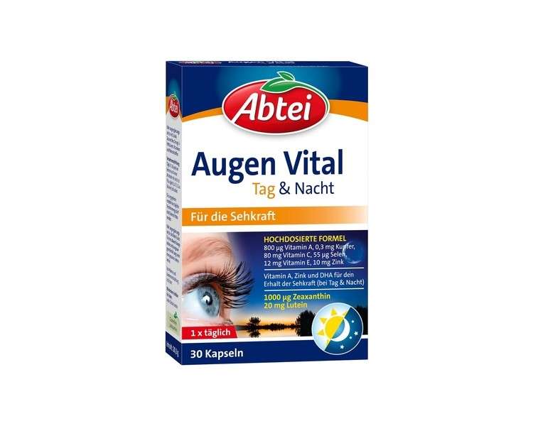 Abtei Eye Vital Day and Night with Vitamin A, Lutein, DHA and Zeaxanthin - for Maintaining Vision - Laboratory Tested and High Dose - 30 Capsules