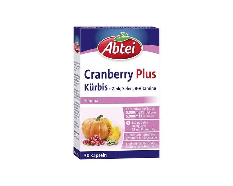 Abtei Cranberry Plus Pumpkin High Dose Dietary Supplement for Connective Tissue, Mucous Membranes, and Immune System with Zinc, Selenium, Biotin, and B Vitamins 30 Capsules