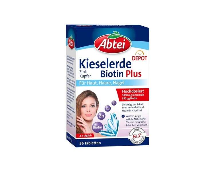 Abtei Silica Biotin Plus with Zinc for Beautiful Skin, Hair, and Nails - Long-Lasting Depot Technology - Laboratory Tested, Vegan - 56 Tablets