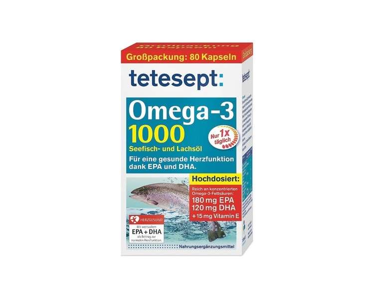 tetesept Omega-3 1000 Seafish and Salmon Oil Capsules High Dose Omega 3 Fatty Acids DHA, EPA & Vitamin E Dietary Supplement for Cardiovascular Support 80 Pieces