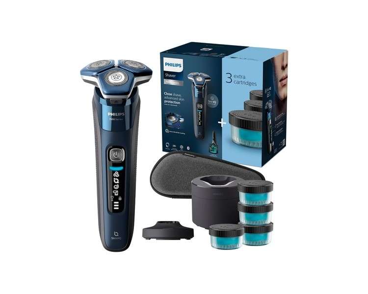 Philips Shaver Series 7000 Wet & Dry Mens Electric Shaver with SkinIQ Technology Pop-up Trimmer Charging Stand Travel Case 1 x Quick Clean Pod and 4 x Quick Clean Cartridges Model S7885/63 S7000 Blue USB-A