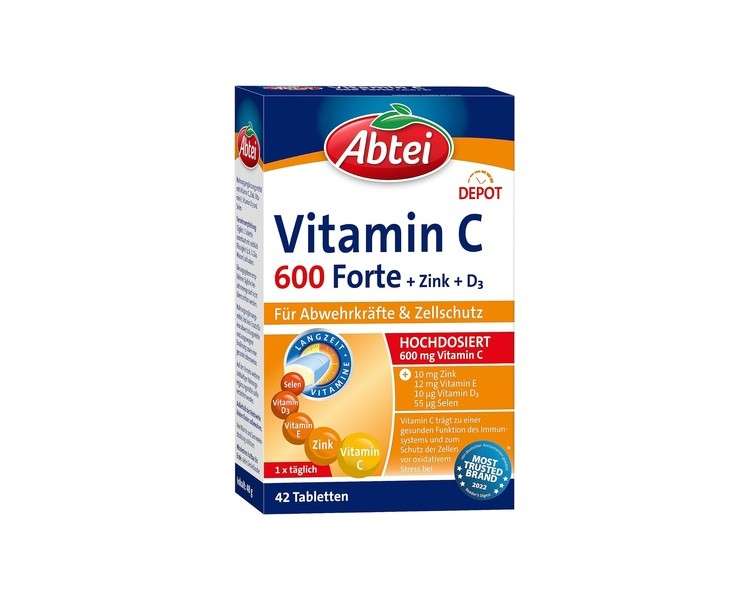 Abtei Vitamin C 600 Forte with Zinc and Vitamin D3 - for Immune Support and Cell Protection - High Dose, Gluten-Free, Lactose-Free, Lab Tested - 42 Tablets