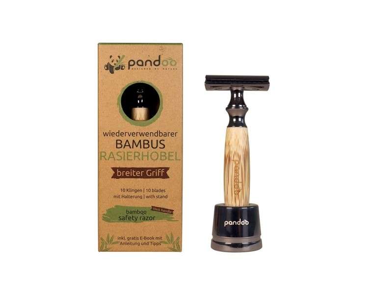 Pandoo Safety Razor with Holder and Bamboo Handle Zero-Waste Shaver for Men and Women Closed Comb - Plastic-Free Includes eBook and 10 Blades Wide Handle