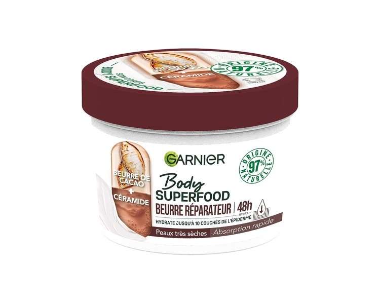 Garnier Body Superfood Repairing Body Cream 48H Hydration Vegan & 97% Natural Origin Formula Cocoa Butter & Ceramide For Dry Skin 380ml