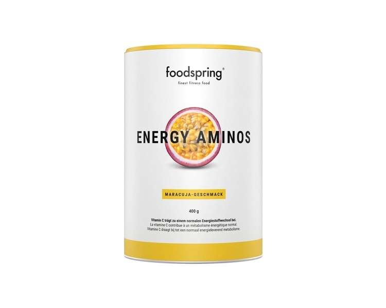 Foodspring Energy Aminos Passion Fruit Pre-Workout Drink with Plant-Based BCAAs, High-Dose Caffeine, Vitamins C, B3, B12 400g