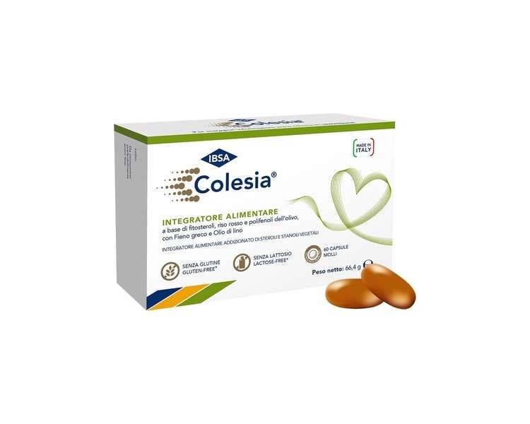 IBSA Colesia Soft Gel 60 Soft Capsules Made in Italy with Phytosterols, Red Rice, and Olive Polyphenols with Fenugreek and Flaxseed