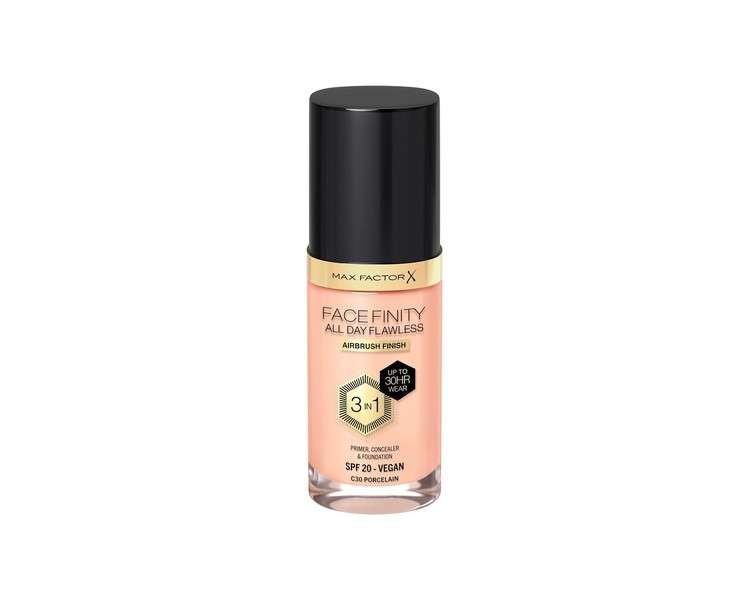 Max Factor Facefinity All Day Flawless 3 in 1 Liquid Foundation Lightweight Oil Free Formula with SPF 20 30ml Porcelain