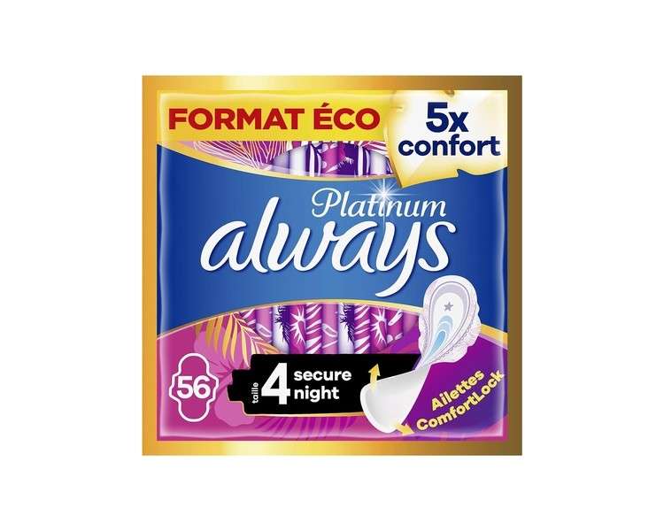 Always Platinum Sanitary Pads with Wings Size 4 Rich Flow Eco-Format 56 Individual Wrappers 5 Comfort Sizes