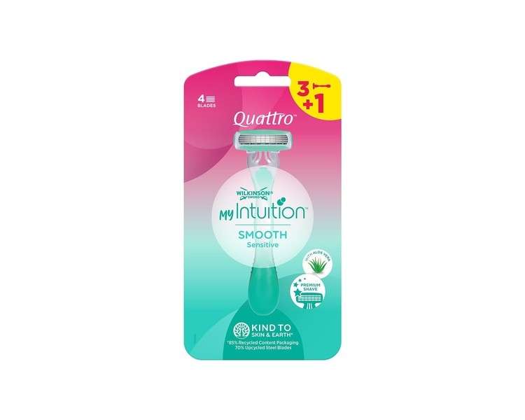 Wilkinson Sword MyIntuition Smooth Sensitive Quattro Disposable Razor for Women 4 Blades 2 Lubricating Strips with Aloe Vera and Vitamin E - Pack of 3+1