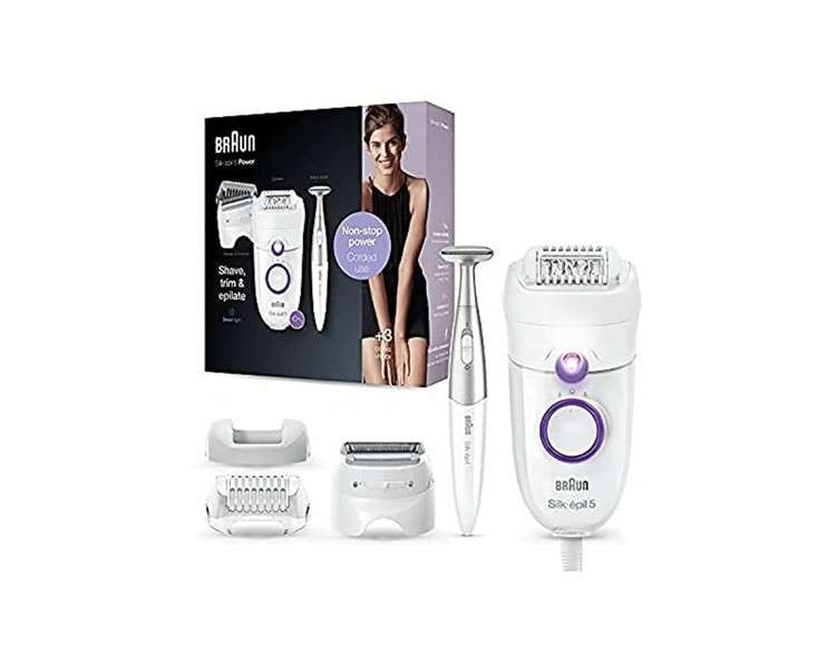 Braun Silk-épil 5-825 Power Electric Epilator for Women with Cable, Lawn Head and Trimming Cap, Bikini Zone - White/Purple