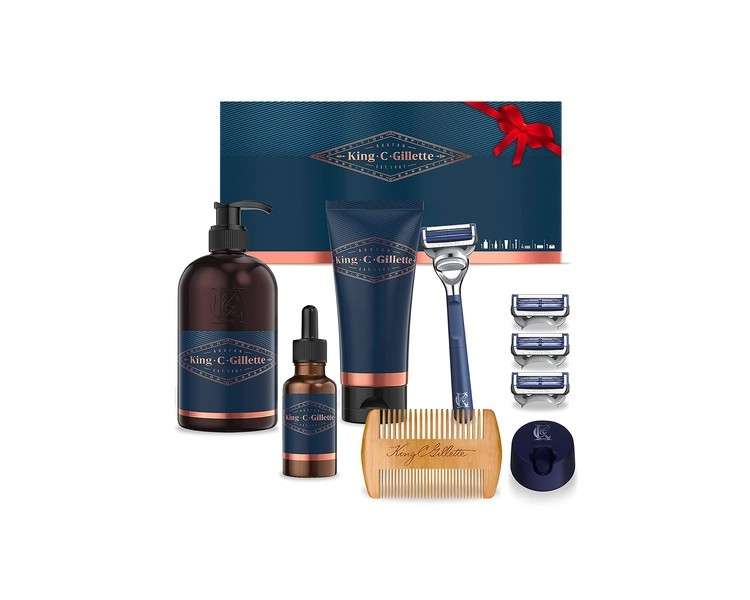 King C. Gillette 9-piece Men's Gift Set  or King C. Gillette Men's Gift Kit: Neck Razor + 3 Razor Blades + Clear Shaving Gel + Beard & Face Cleanser + Beard Oil + Beard Comb + Razor Stand or Kin