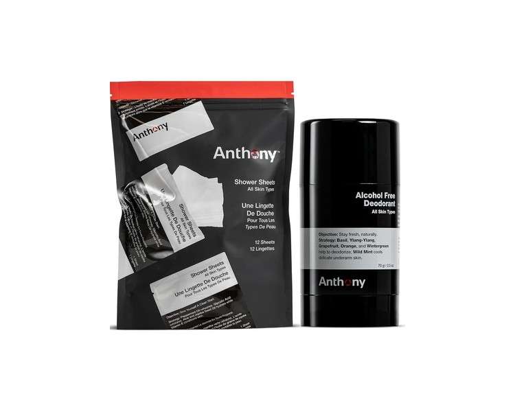 Anthony Shower Sheets 12 Sheets and Anthony Alcohol Free Deodorant 2.5 Fl Oz