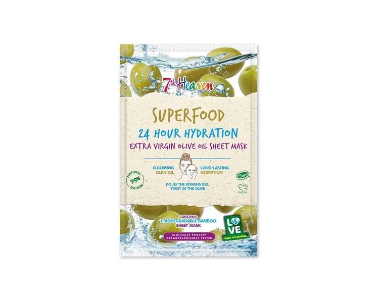 7th Heaven Superfood Intense Hydration Extra Virgin Olive Oil Biodegradable Bamboo Sheet Mask for Long Lasting Hydration - Ideal for All Skin Types