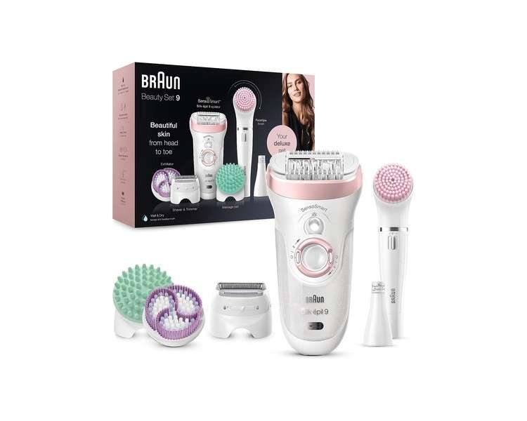 Braun Silk-épil 9 Beauty Set Hair Removal with SensoSmart Epilator Face Epilator Facial Cleansing Brush Lady Shaver Trimmer Head Exfoliator Wet Dry Wireless 9-995 White Pink