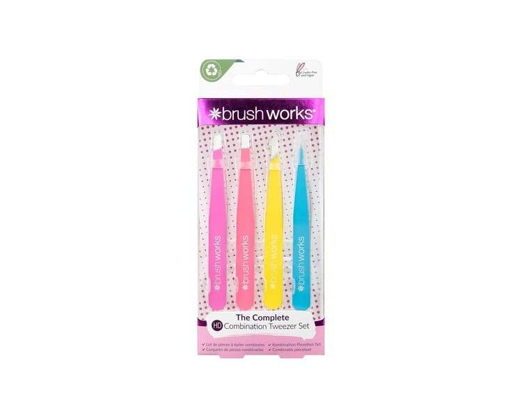 Brushworks HD 4 Piece Combination Tweezer Set Neon