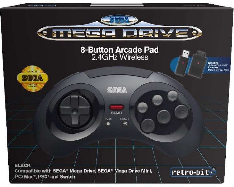 SEGA MEGADRIVE 8-BUTTON ARCADE PAD  NEGRO 2.4 GHz WIRELESS  (SWITCH/PS3/PC/MAC)