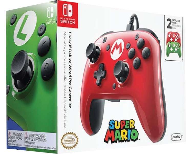 PDP FACEOFF DELUXE WIRED PRO CONTROLLER SUPER MARIO + 2 CARCASAS MARIO & LUIGI (OFICIAL)