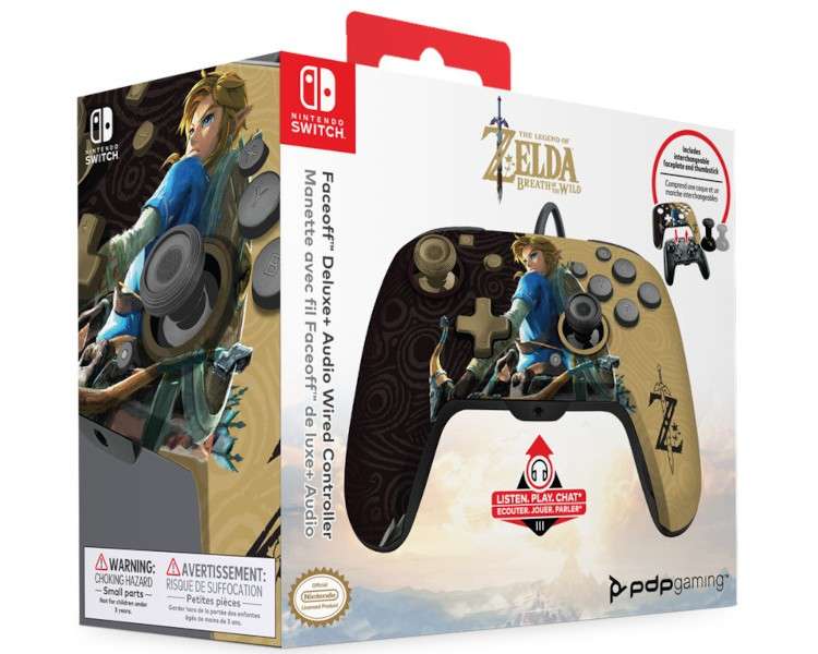 PDP FACEOFF DELUXE + AUDIO WIRED CONTROLLER ZELDA BREATH OF THE WILD NEGRO/ORO