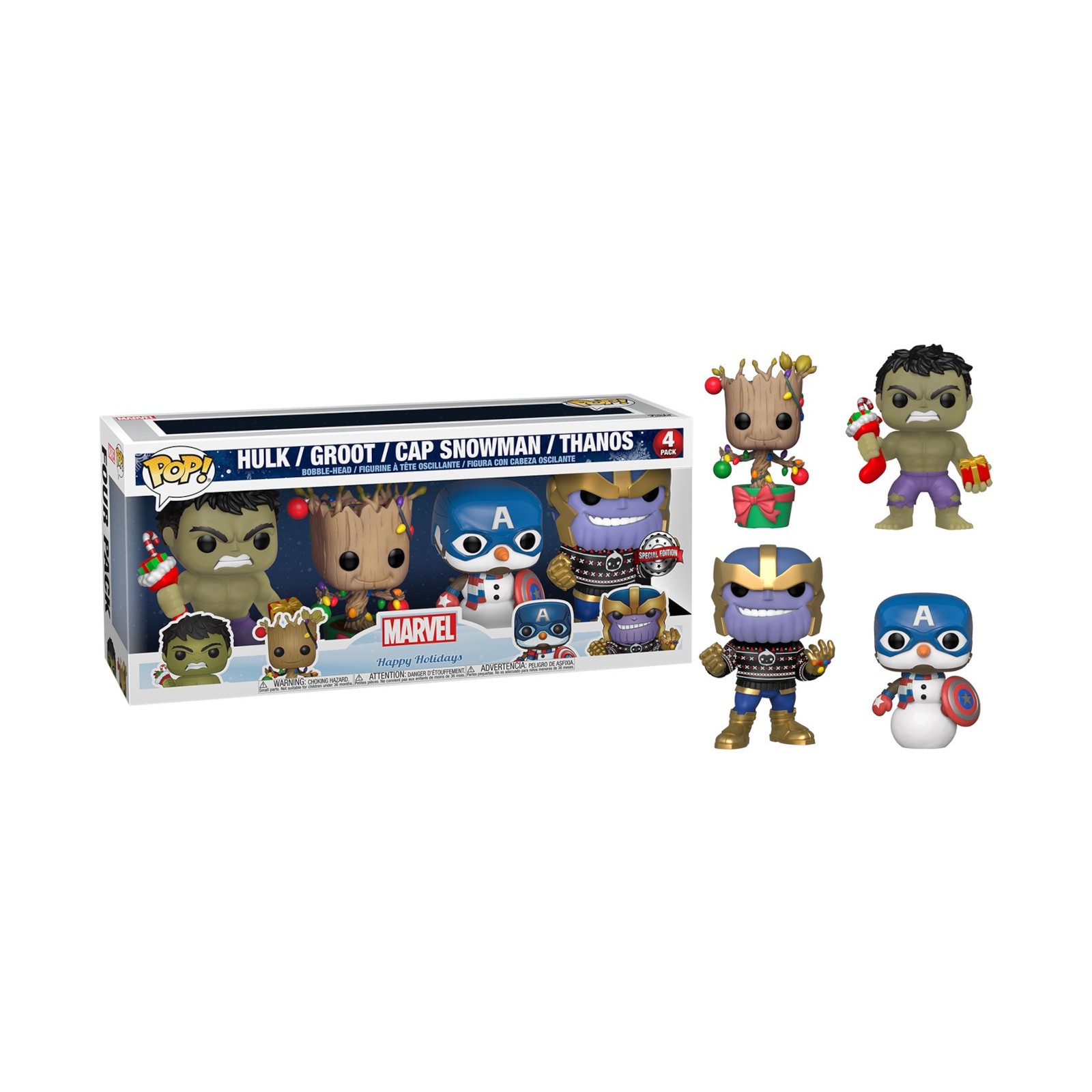 FUNKO POP! MARVEL HAPPY HOLIDAYS PACK 4 (HULK/GROOT/CAP SNOWMAN/THANOS)