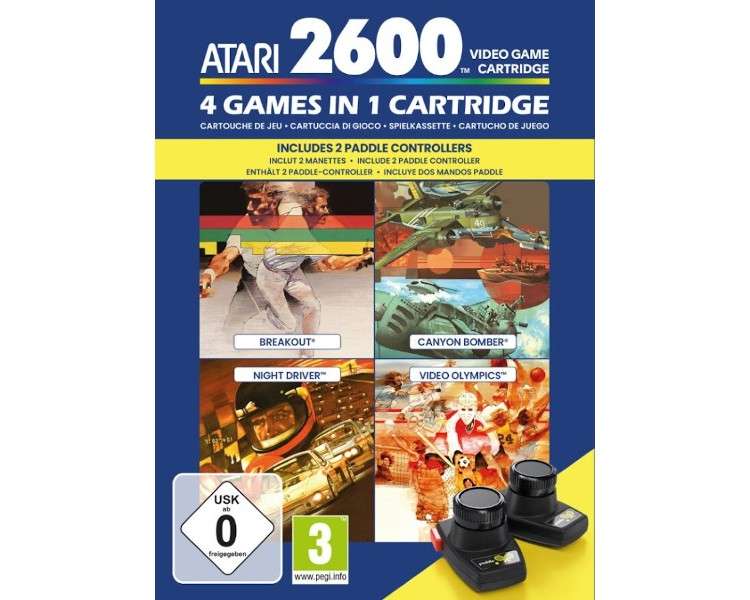 ATARI 2600: 4 GAMES IN 1 (BREAKOUT/CANYON BOMBER/NIGHT DRIVER/VIDEO OLYMPICS) + 2 MANDOS PADDLE