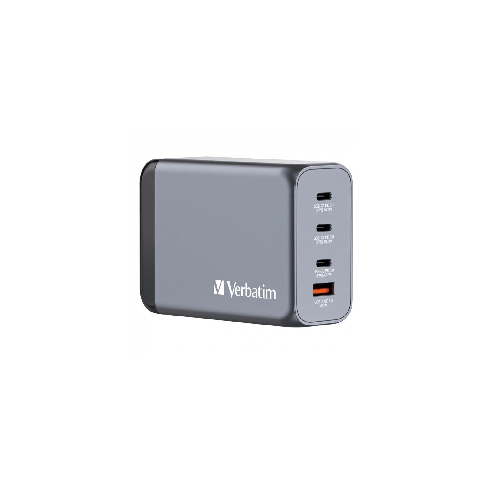 pbCarga de 240 W 4 en 1 bbrEl cargador de pared GaN de 240 W de Verbatim combina un puerto USB C PD de 140 W un puerto USB C PD