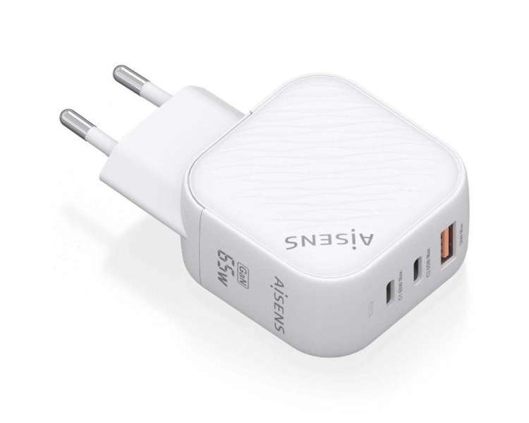 ph2AISENS CARGADOR GaN 65W 2xUSB C PD30 QC40 1xUSB A QC30 BLANCO h2pCargador GaN USB C 65W para cargar portatiles moviles camar