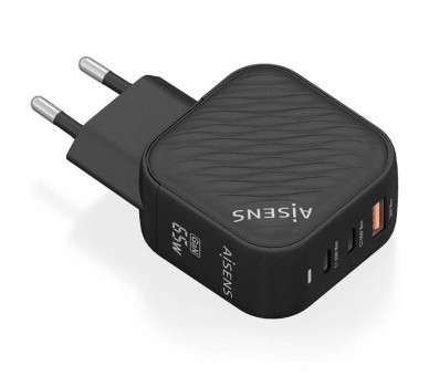 h2AISENS CARGADOR GaN 65W 2xUSB C PD30 QC40 1xUSB A QC30 NEGRO h2pCargador GaN USB C 65W para cargar portatiles moviles camaras