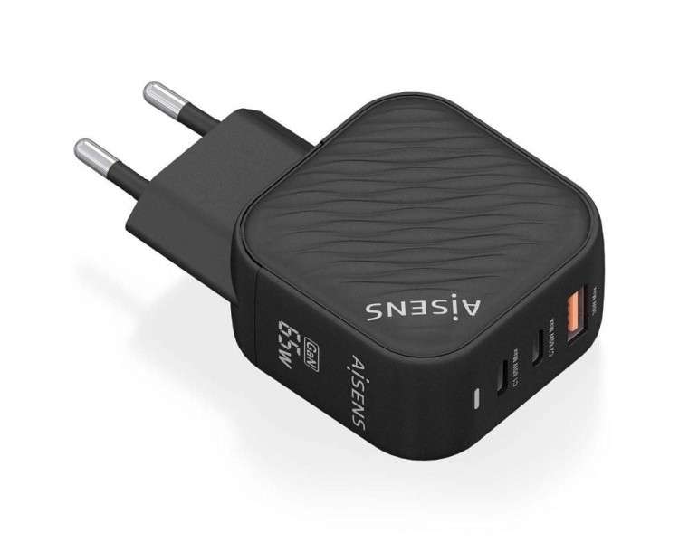 h2AISENS CARGADOR GaN 65W 2xUSB C PD30 QC40 1xUSB A QC30 NEGRO h2pCargador GaN USB C 65W para cargar portatiles moviles camaras