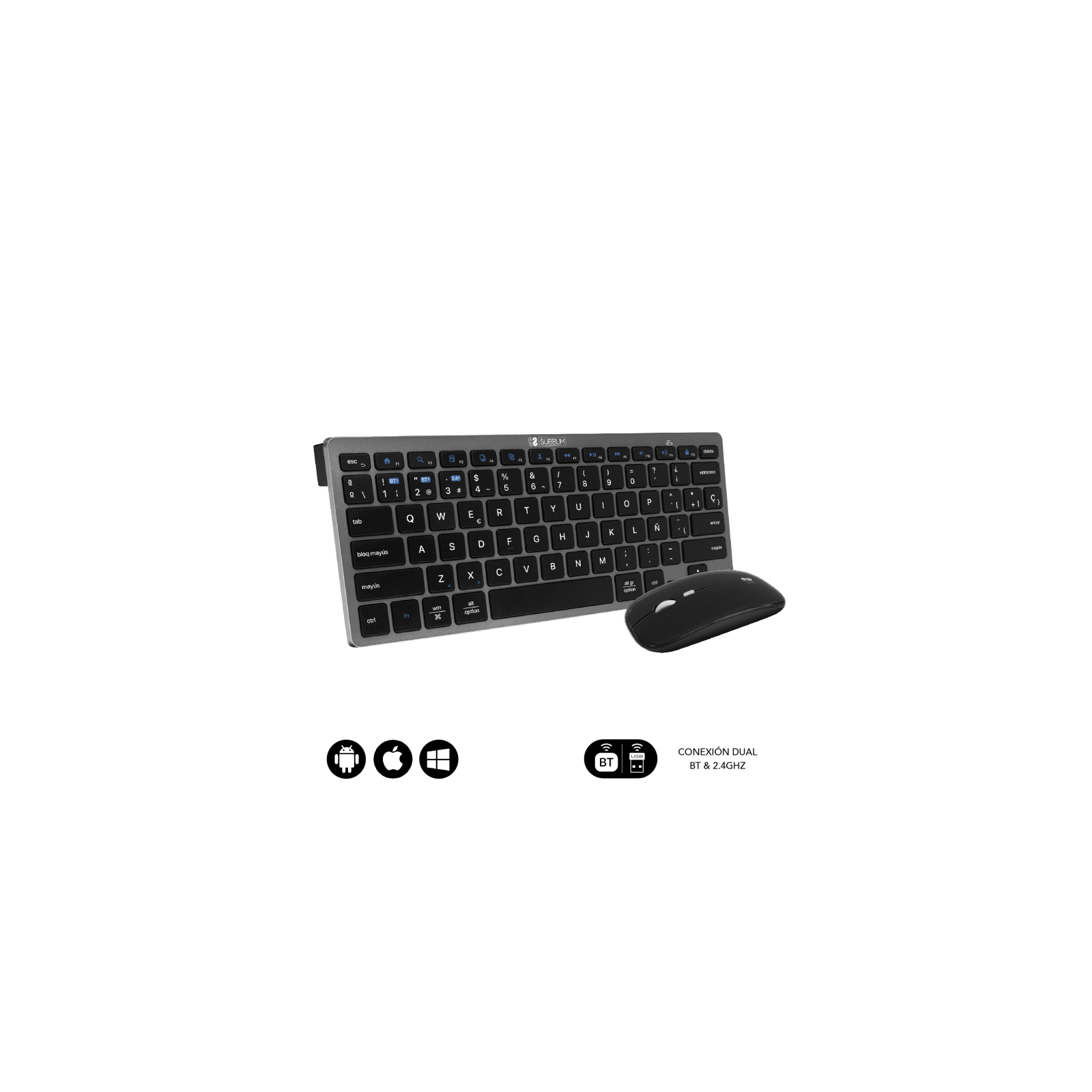 COMBO TECLADO RATON SUBBLIM MULTIDISPOSITIVO COMPACTO GRIS NEGRO BLUETOOTH