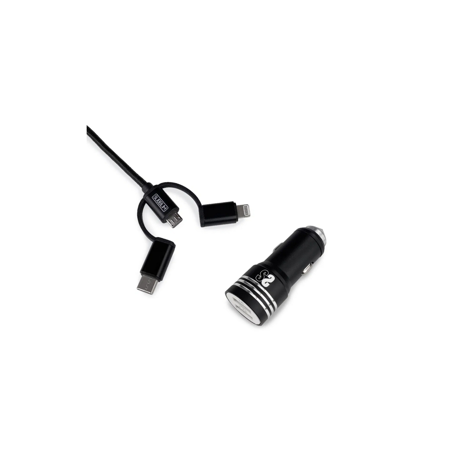 CARGADOR COCHE SUBBLIM ALUM 24A CABLE 3 IN1 BLACK