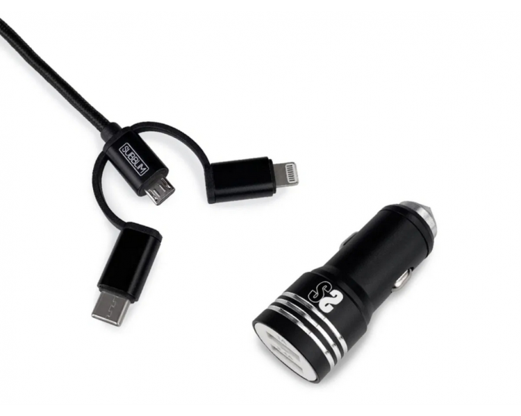 CARGADOR COCHE SUBBLIM ALUM 24A CABLE 3 IN1 BLACK