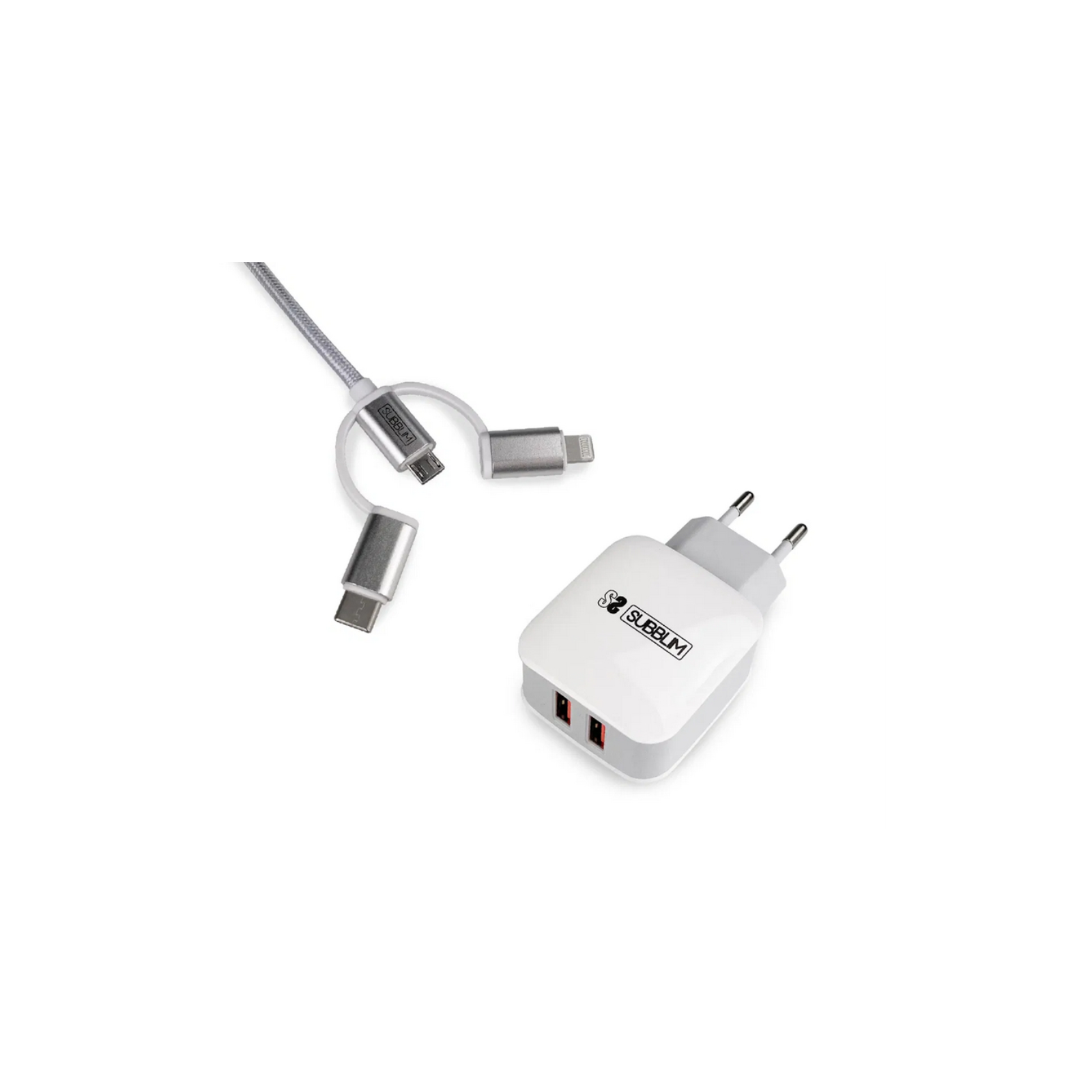 CARGADOR PARED SUBBLIM ABS 24A CON CABLE 3IN1 WHITE