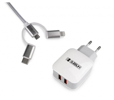 CARGADOR PARED SUBBLIM ABS 24A CON CABLE 3IN1 WHITE