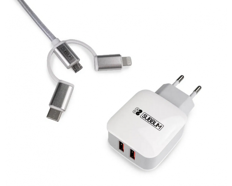 CARGADOR PARED SUBBLIM ABS 24A CON CABLE 3IN1 WHITE