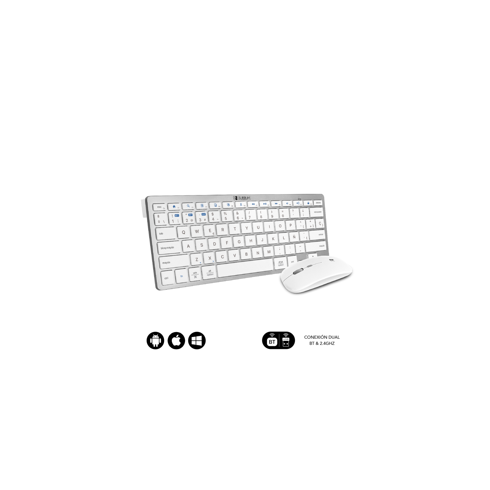 COMBO TECLADO RATON SUBBLIM MULTIDISPOSITIVO COMPACTO PLATEADO BLANCO BLUETOOTH