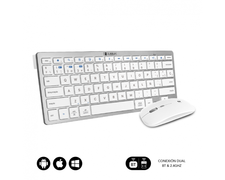 COMBO TECLADO RATON SUBBLIM MULTIDISPOSITIVO COMPACTO PLATEADO BLANCO BLUETOOTH