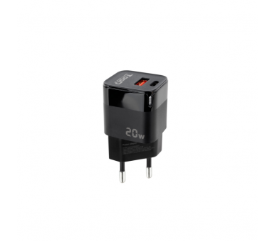 CARGADOR PARED USB C PD USB A QC 20W NEGRO