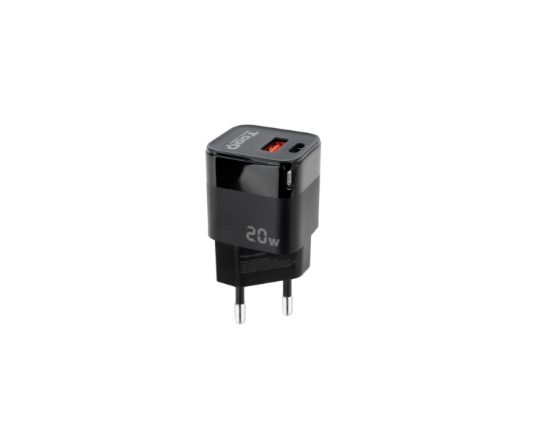 CARGADOR PARED USB C PD USB A QC 20W NEGRO