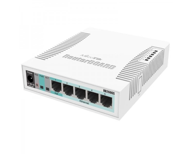 ph2RB260GS h2bConmutador inteligente 5x Gigabit Ethernet jaula SFP caja de plastico SwOS bbrEl RB260GS es un pequeno conmutador