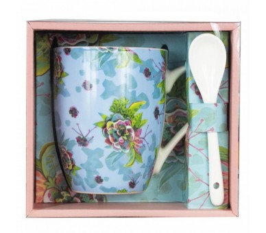 Taza ceramica con cuchara enesco flores