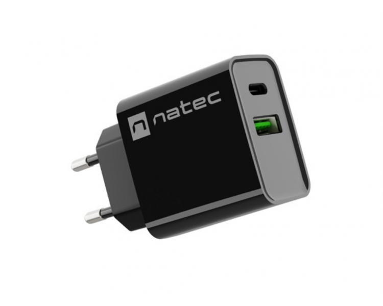 CARGADOR NATEC RIBERA 20W 1XUSB A 1XUSB C PD30 QC30 NEGRO